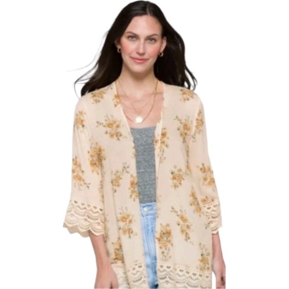 Mason & Belle Floral Kimono Cardigan Cream‎ Yellow Crochet Lace Trim Medium NWT